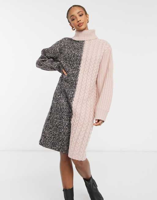 Violet Romance Contrast Cable Knit Roll Neck Jumper Dress In Pink Asos