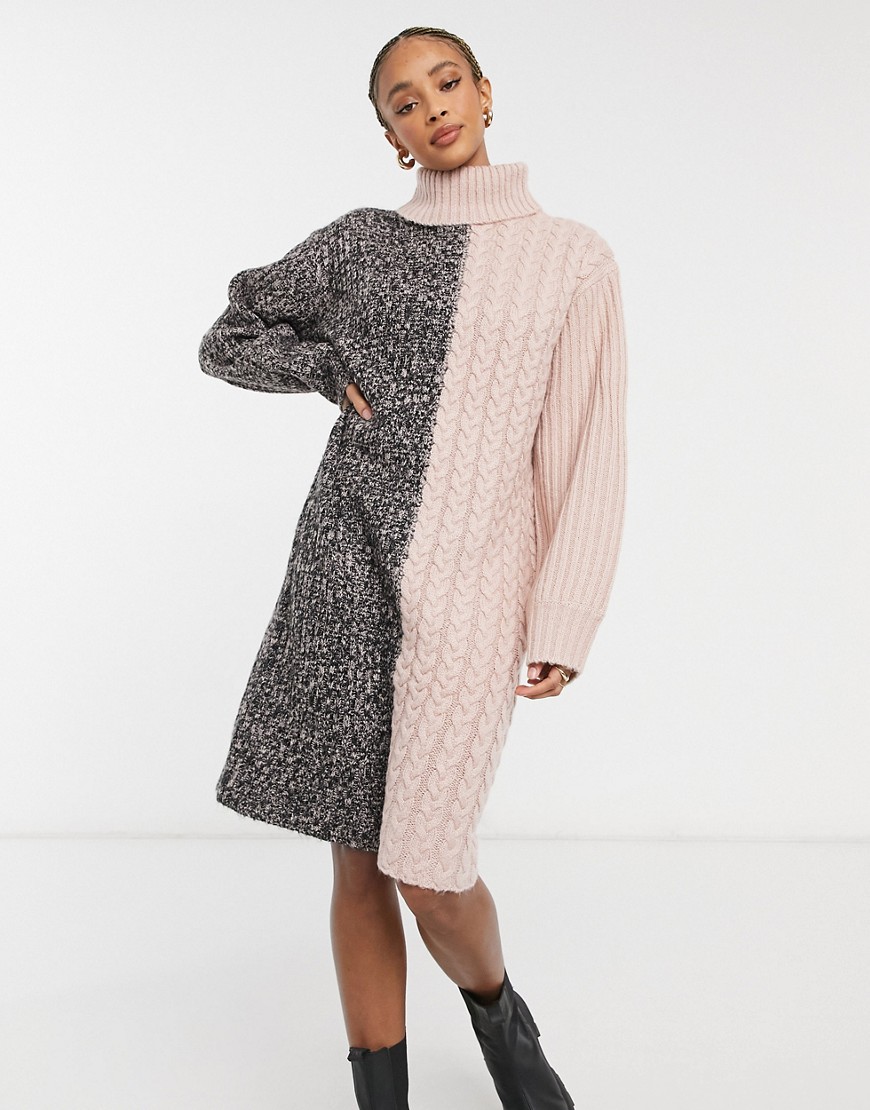 Violet Romance contrast cable knit roll neck sweater dress in pink