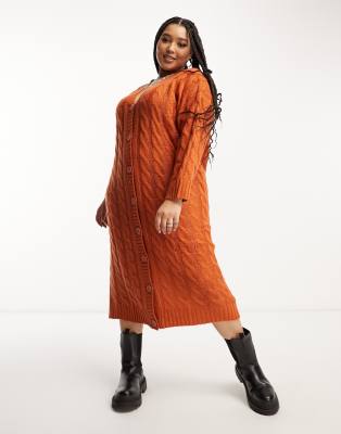 Violet Romance Curve Violet Romance Curve cable knit maxi cardgian dress in rust-Orange