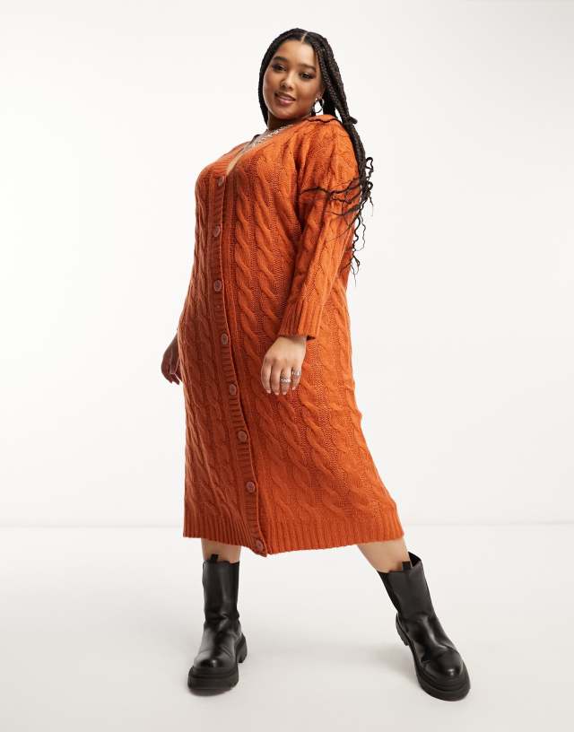 Violet Romance Curve cable knit maxi cardigan dress in rust