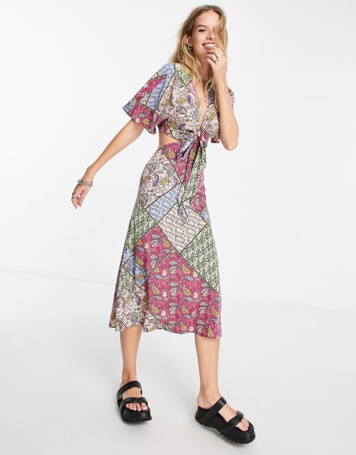 Violet Romance cut out tie front midi dress in patchwork print | ASOS