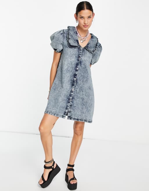 Violet Romance denim mini dress with collars in acid wash blue ASOS