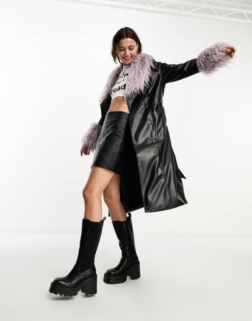 Violet Romance faux leather belted trench coat with faux fur trims in black