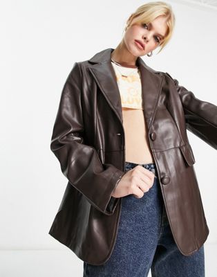 Violet Romance faux leather blazer in chocolate brown | ASOS