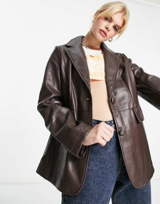 Violet Romance faux leather blazer in chocolate brown | ASOS