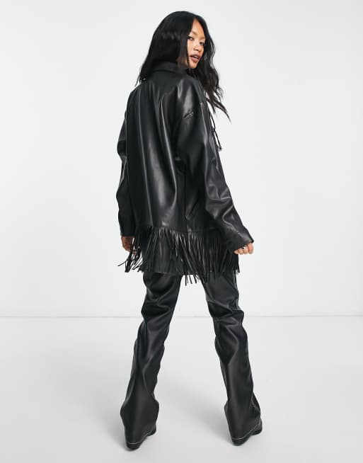 Violet Romance faux leather fringed jacket in black | ASOS