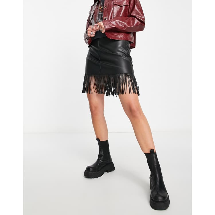 Black faux hotsell leather fringe skirt