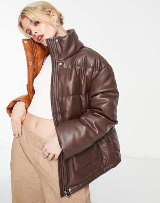 Violet Romance Faux Leather Puffer Jacket In Brown Color Block