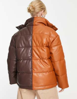 Violet Romance faux leather puffer jacket in brown color block