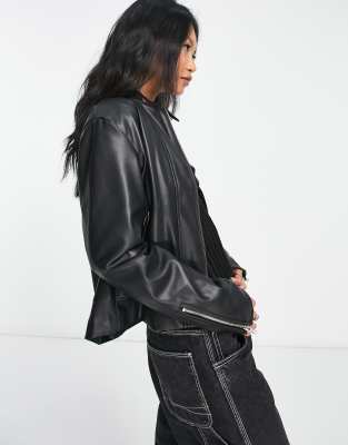 Topshop faux leather shearling oversized aviator biker jacket in black