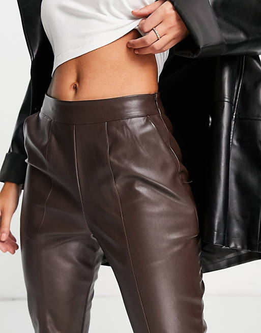 Violet Romance faux leather split front wide leg trousers in chocolate brown