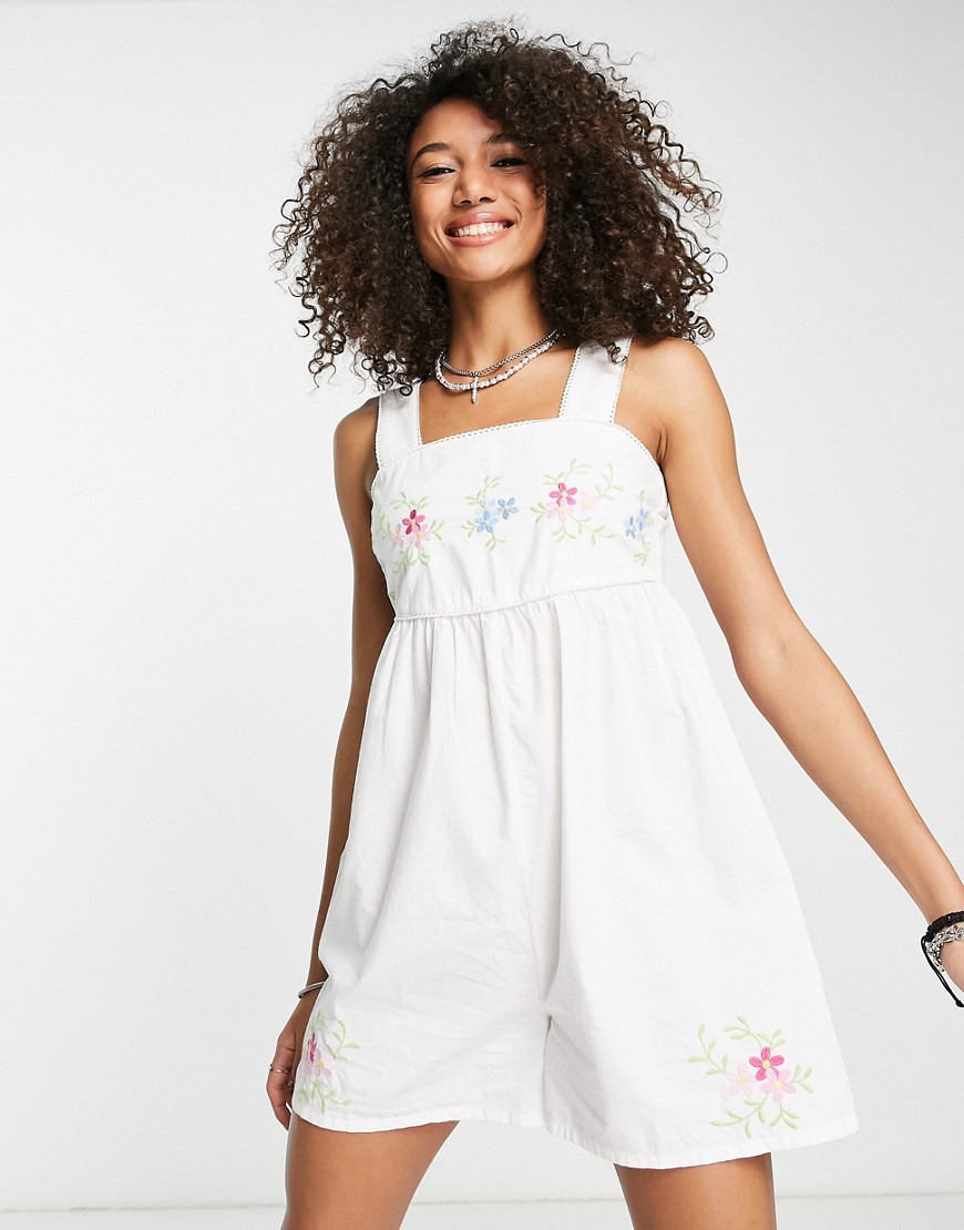 Violet Romance Floral Embroidered Cotton Oversized Playsuit In White