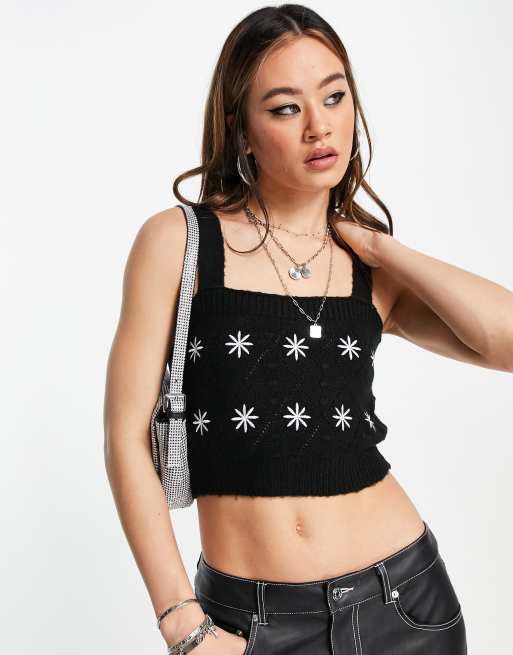 Violet Romance floral embroidered knitted cami top co-ord in black