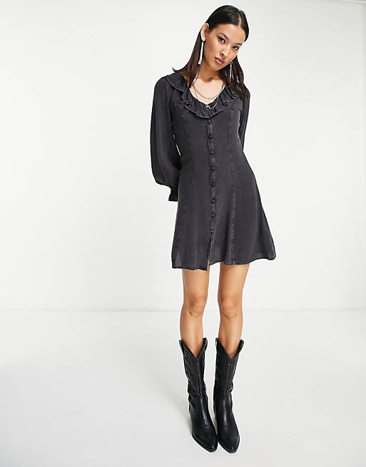 Violet Romance frill front mini dress in washed charcoal