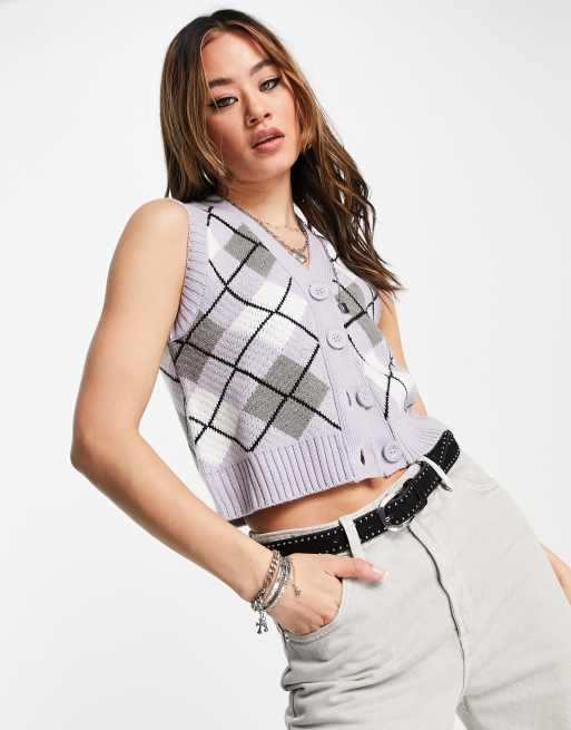 Violet Romance - Gebreide spencer met knoopsluiting en ruitprint in lila