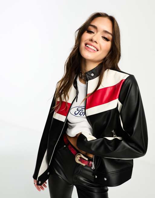 Violet Romance - Giacca biker in pelle sintetica nera e bianca accollata con chiusura sul collo