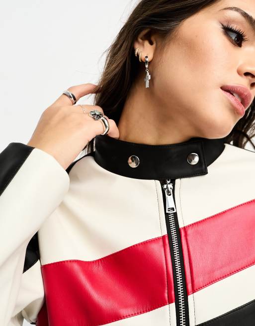 Violet Romance - Giacca biker in pelle sintetica nera e bianca accollata con chiusura sul collo, 2 di 4
