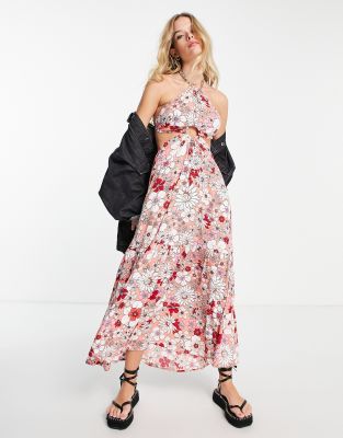 VIOLET ROMANCE Violet Romance halter neck cut out side maxi trapeze dress in patchwork print-Multi