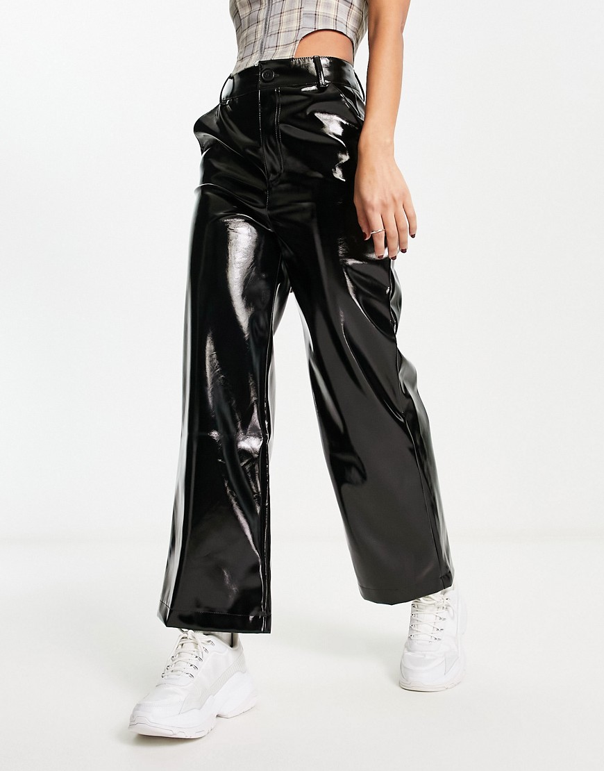 Violet Romance high shine faux leather wide leg trousers in black