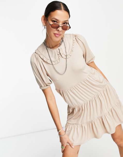 Violet Romance jersey smock dress with peter pan collar in beige - view 1