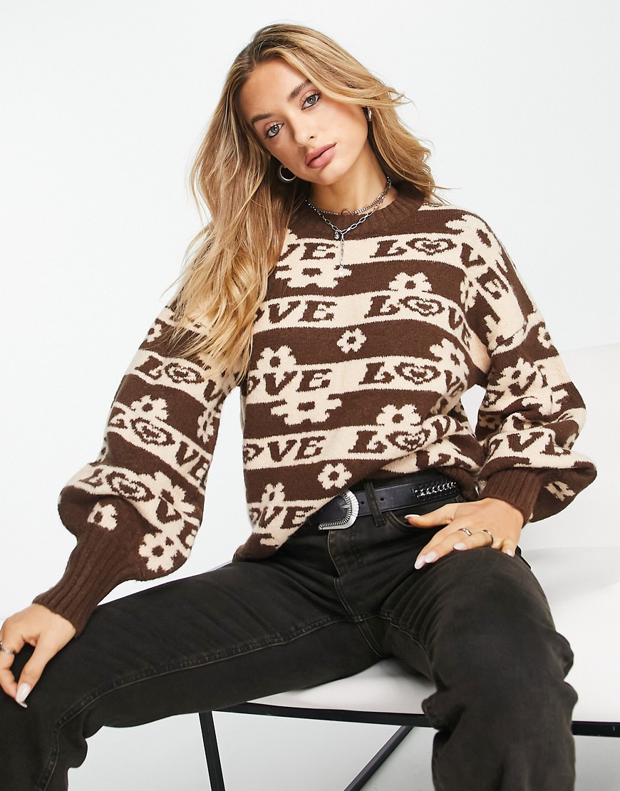 knit sweater with love print-Brown