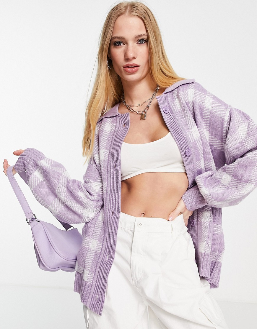 Violet Romance knitted button up shirt in lilac check-Purple