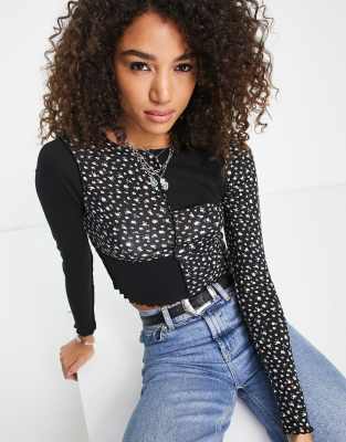 Violet Romance long sleeve crop top in patchwork print-Multi