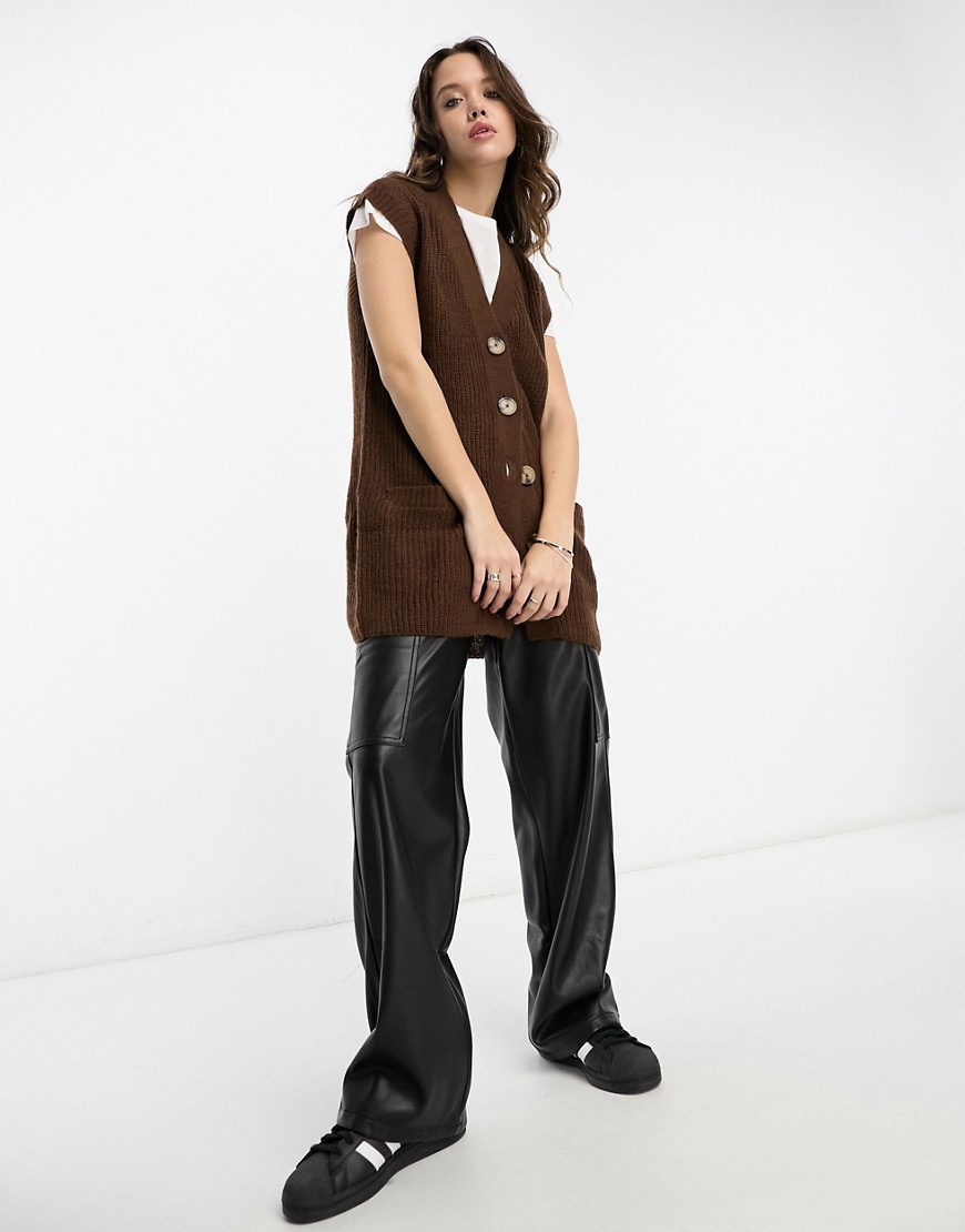Violet Romance longline button through knitted vest in chocolate brown