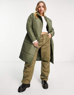 longline maxi puffer coat in khaki-Green