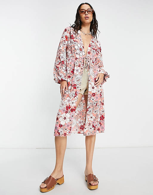Violet Romance longline overshirt with tie in floral print