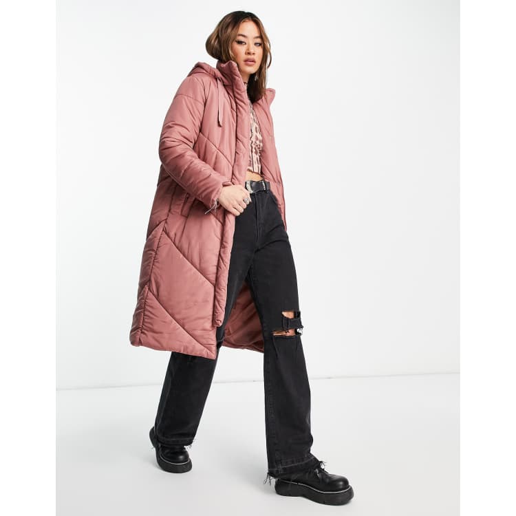 Violet Romance longline puffer coat in dusky pink