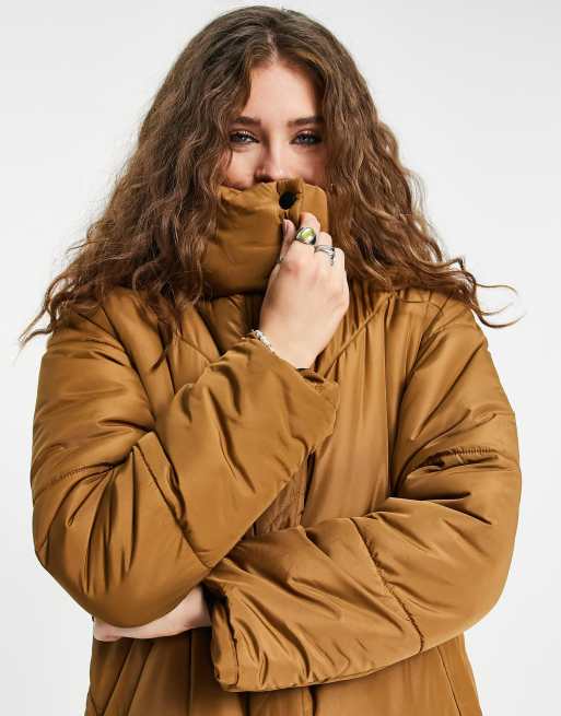 Tan long puffer online coat