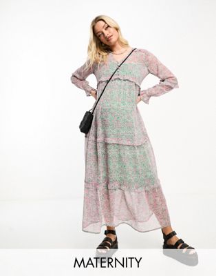 Violet Romance Maternity button front tiered midaxi dress in floral print-Multi