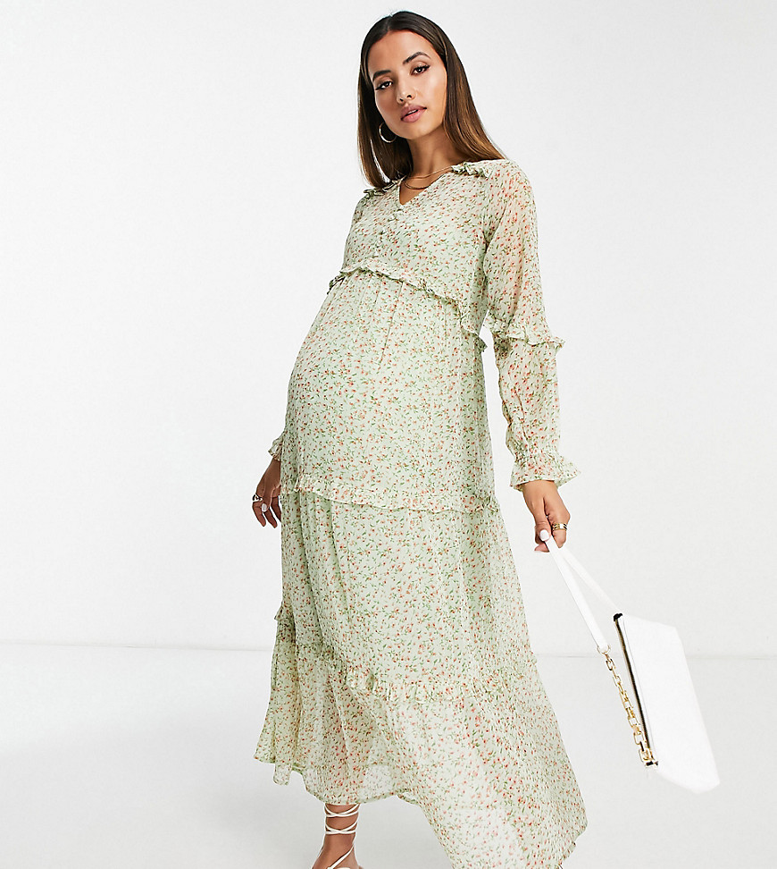 Violet Romance Maternity chiffon floral maxi dress in sage floral-Green