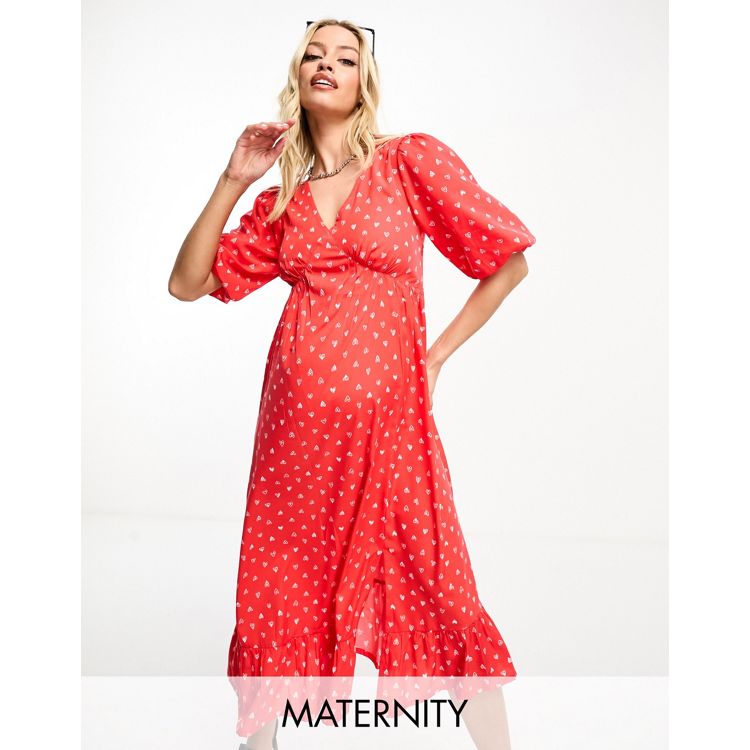 Violet Romance Maternity – Czerwona sukienka midi z bufkami i wzorem w serca