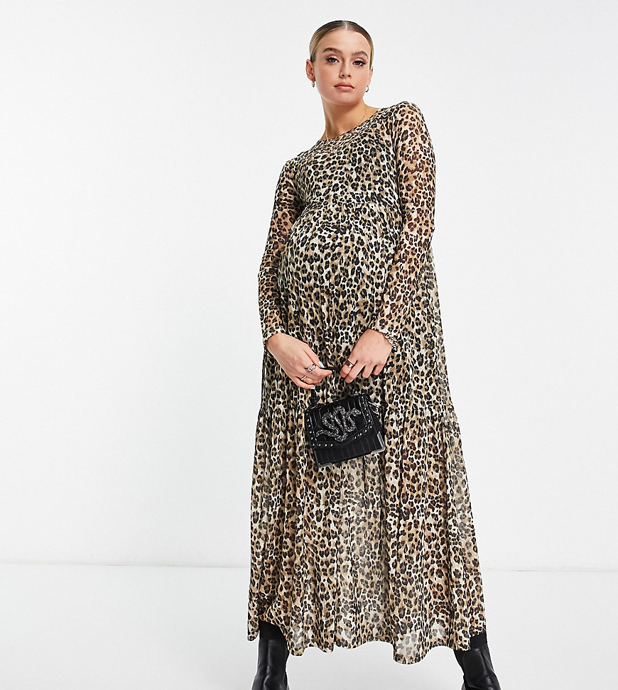 Violet Romance Maternity mesh tiered smock midi dress in leopard print-Multi