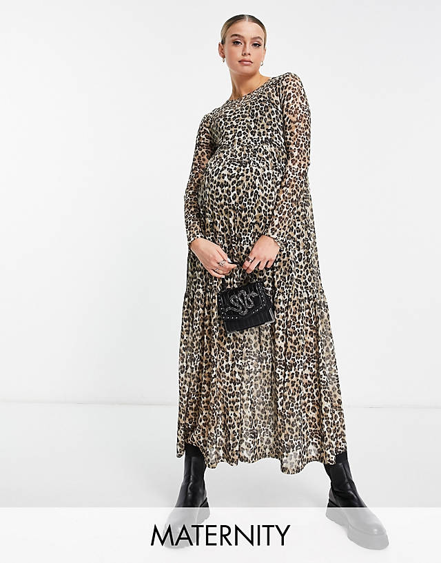 Violet Romance Maternity - mesh tiered smock midi dress in leopard print