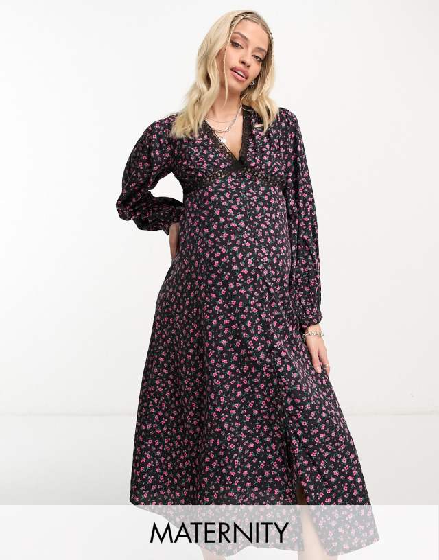 Violet Romance Maternity midi dress with lace trims in floral print