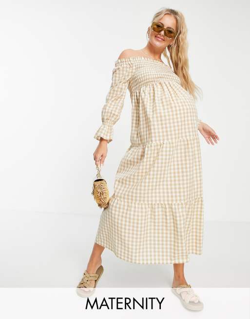 Violet Romance Maternity off shoulder long sleeve tiered midaxi dress in gingham