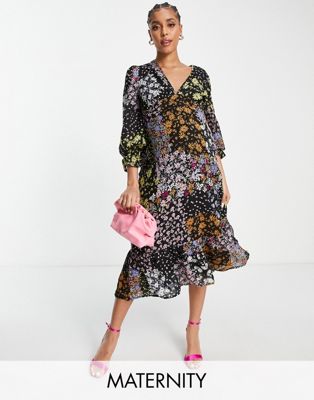 Violet Romance Maternity open back midi dress in mixed floral print-Multi
