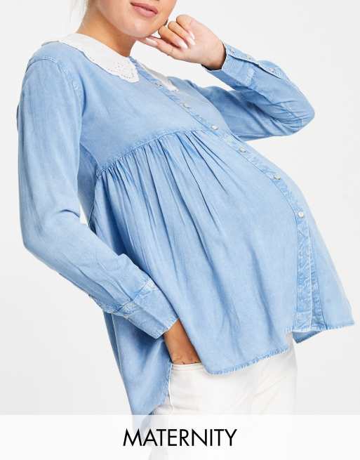 Violet Romance Maternity peplem shirt with broderie collar in chambray