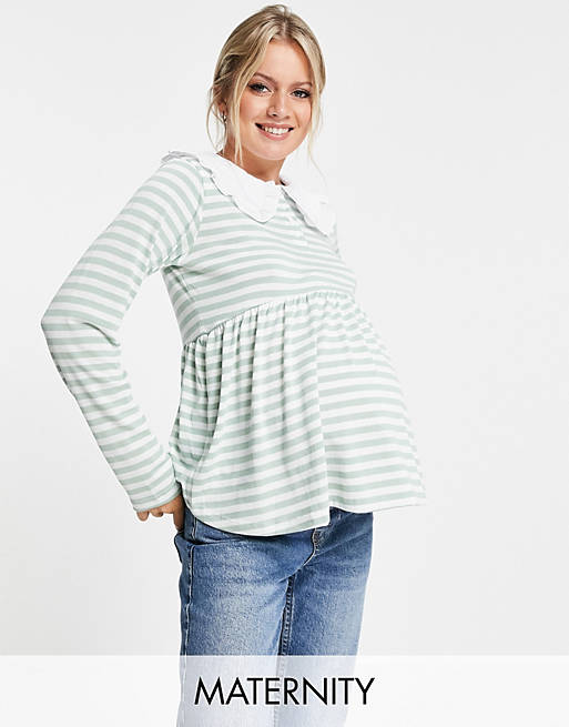 Violet Romance Maternity peplum jersey top with cotton collar in green stripe
