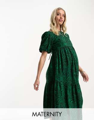 Violet Romance Maternity Violet Romance Maternity puff sleeve midi dress in green animal print