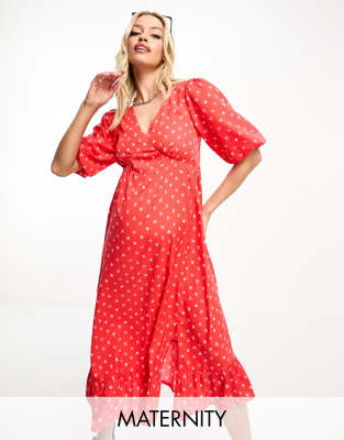 Violet Romance Maternity puff sleeve midi dress in red heart print