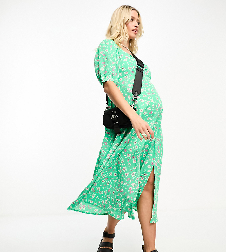 Violet Romance Maternity puff sleeve midi dress with side split in green floral print-Pink
