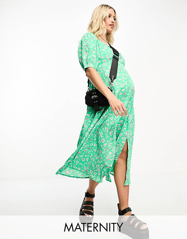 Violet Romance Maternity - puff sleeve midi dress with side split in green floral print