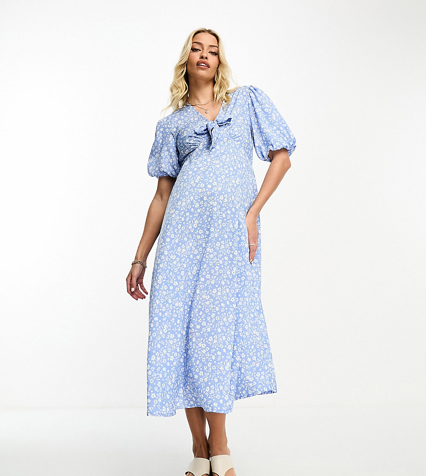 Violet Romance Maternity puff sleeve midi dress with tie front in blue floral print