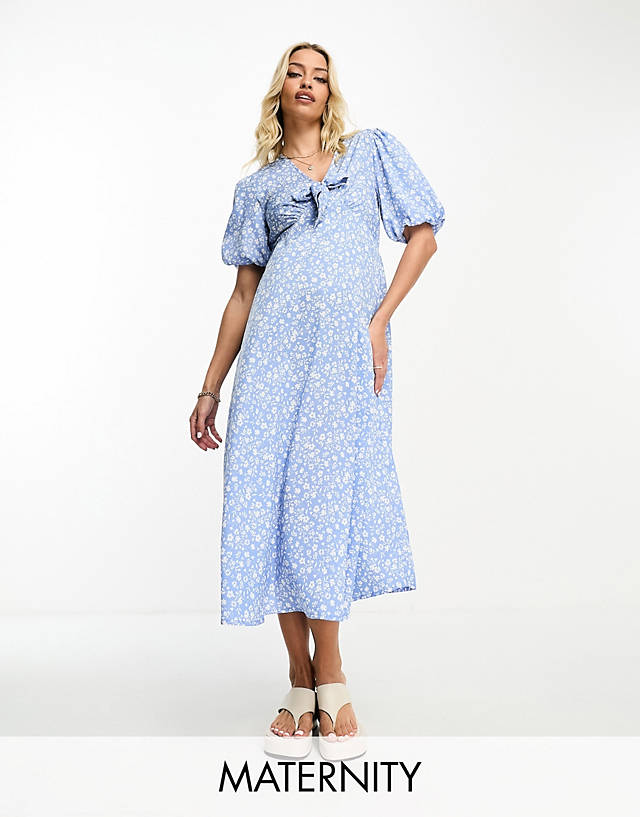 Violet Romance Maternity - puff sleeve midi dress with tie front in blue floral print