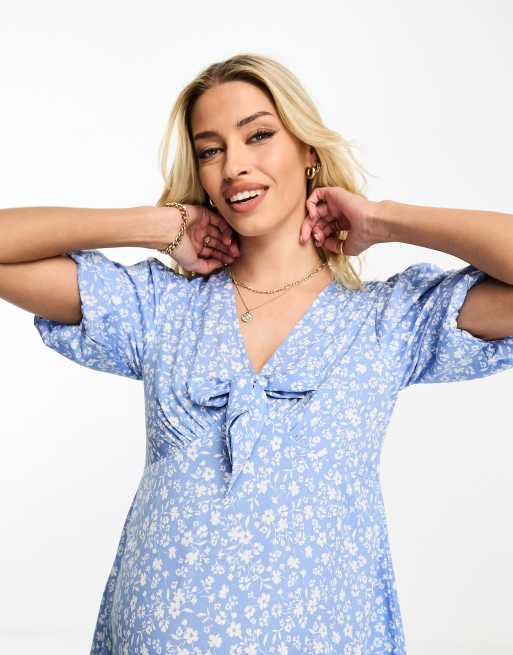 Violet Romance Maternity puff sleeve midi dress with tie front in blue floral print