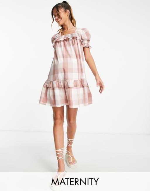 Violet Romance Maternity puff sleeve smock dress in ginhgam